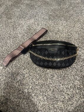 New Faux Leather Black Quilted Belt Bag with Gold Chain